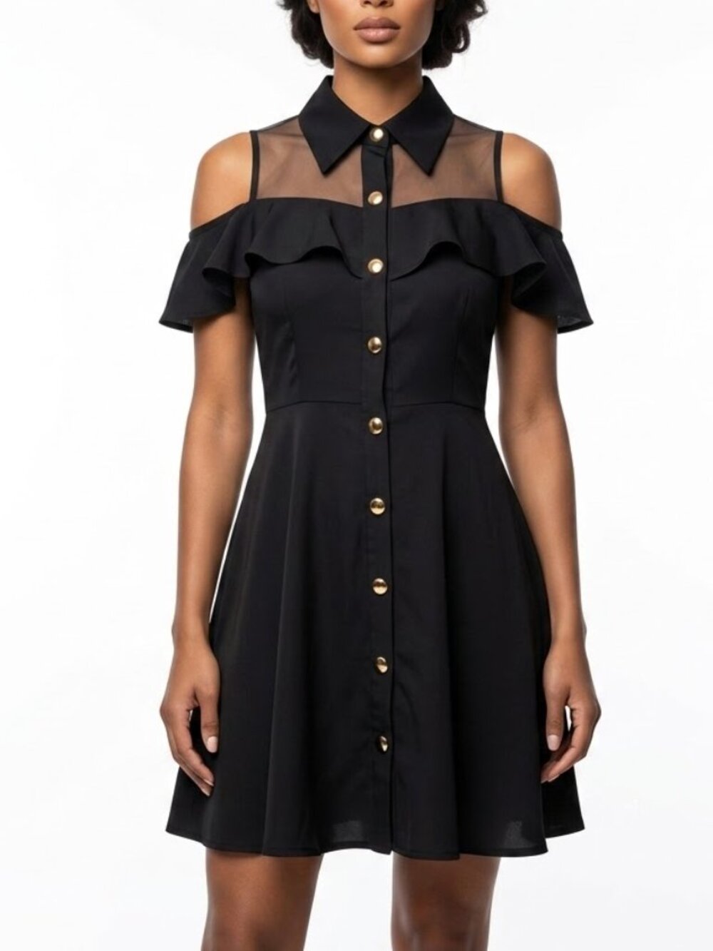 BLINGOR Whimsigoth Cold Shoulder Mesh Mini Dress Gold Button Ruffle Flared M
